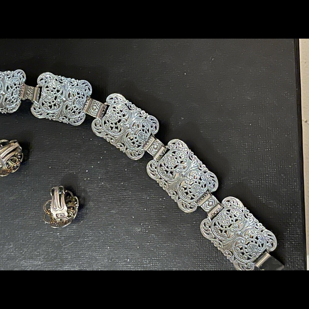 Vintage Dutch Ceramic silver filagree etched bracelet & earrings - Picture 8 of 10